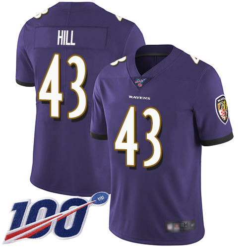 Baltimore Ravens Limited Purple Men Justice Hill Home Jersey NFL Football #43 100th Season Vapor Untouchable